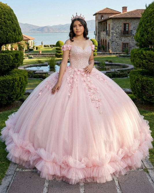 Pink Off-the-Shoulder Lace-Up Back Quinceanera Dress Ball Gown