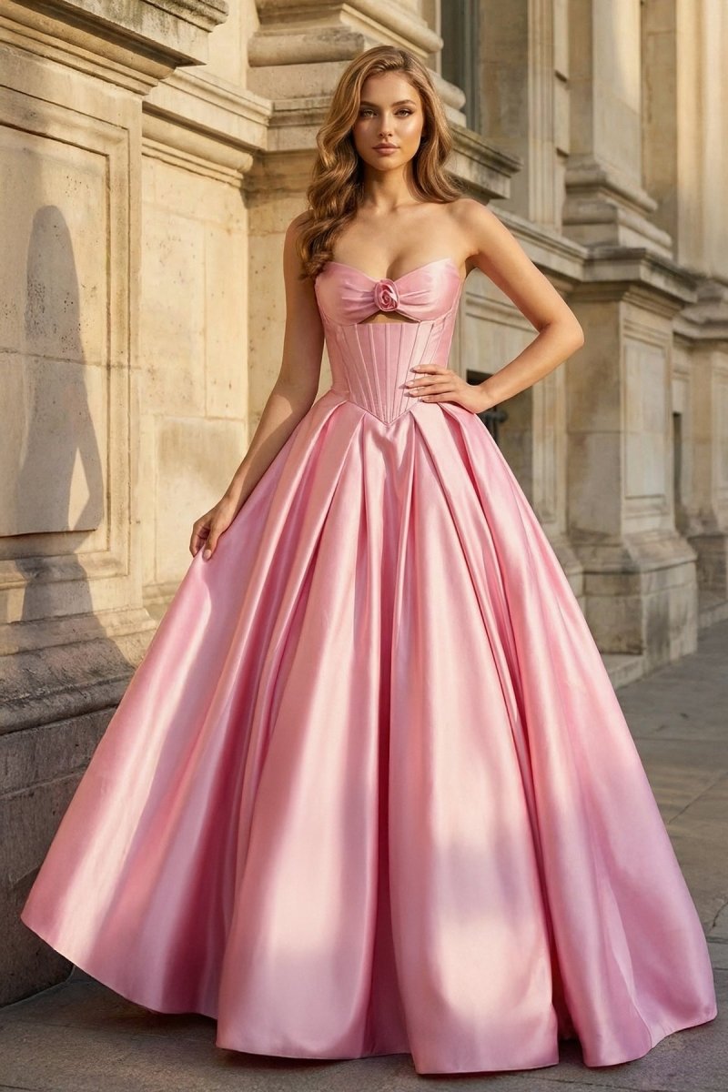 pink bloom satin strapless maxi dress Pink Bloom Satin Strapless Maxi Dress - US 16