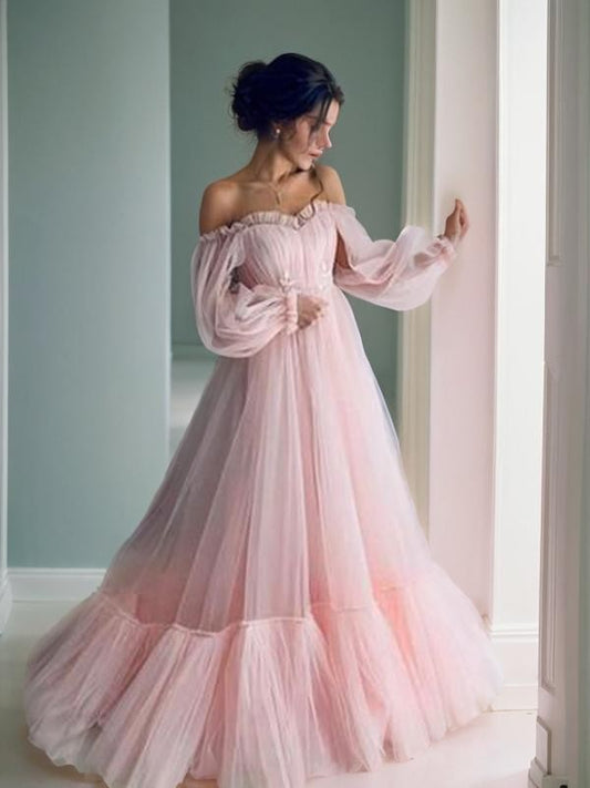 A-Line/Princess Tulle Applique Off-the-Shoulder Long Sleeves Floor-Length Dresses Prom Evening Dress