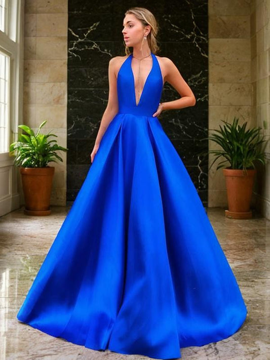 Vestido de noche de graduación de satén con volantes, sin mangas, escote en V y corte princesa, largo hasta el suelo