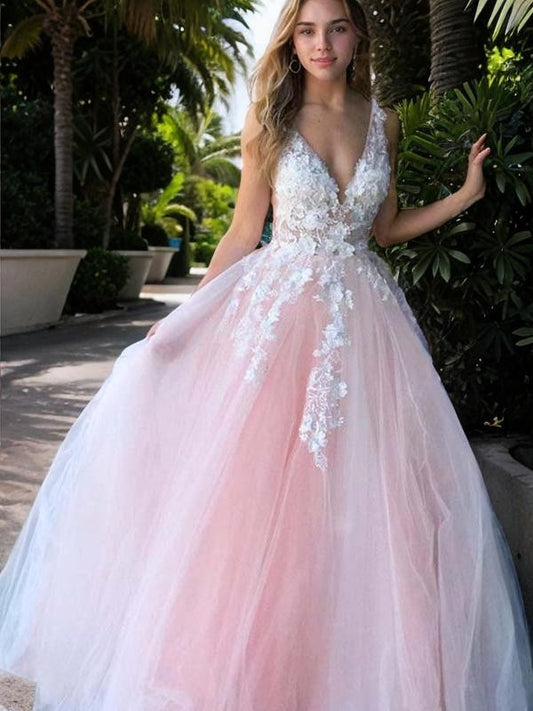 Vestido de fiesta de noche, corte A/princesa, escote en V, tul, apliques, sin mangas, largo hasta el suelo