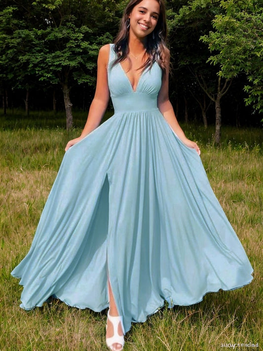 Vestido de fiesta de noche de corte A/princesa, sin mangas, de licra, con escote en V y volantes hasta el suelo