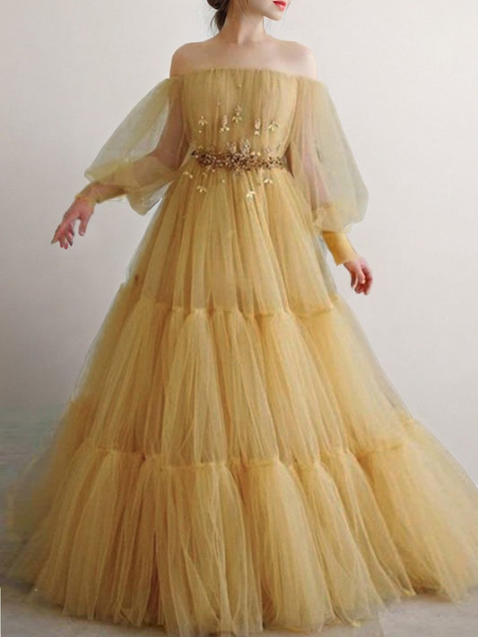 A-Linie/Princess-Linie Tüll Perlen verziert Schulterfrei Lange Ärmel Bodenlang Kleider Ballkleid