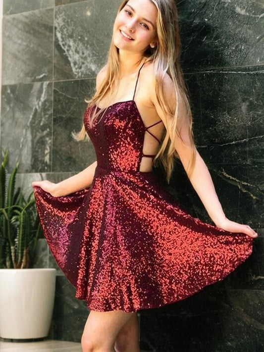 A-Linie/Princess-Linie Pailletten Rüschen Spaghettiträger Ärmellos Kurz/Mini Homecoming Kleider Ball Cocktailkleid