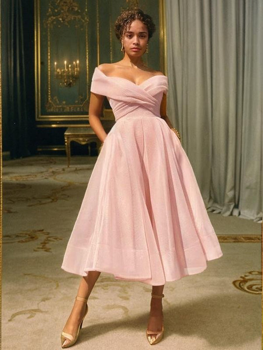 A-Linie/Princess-Linie Organza Rüschen Off-the-Shoulder Ärmellos Wadenlang Homecoming Kleider Ballkleid