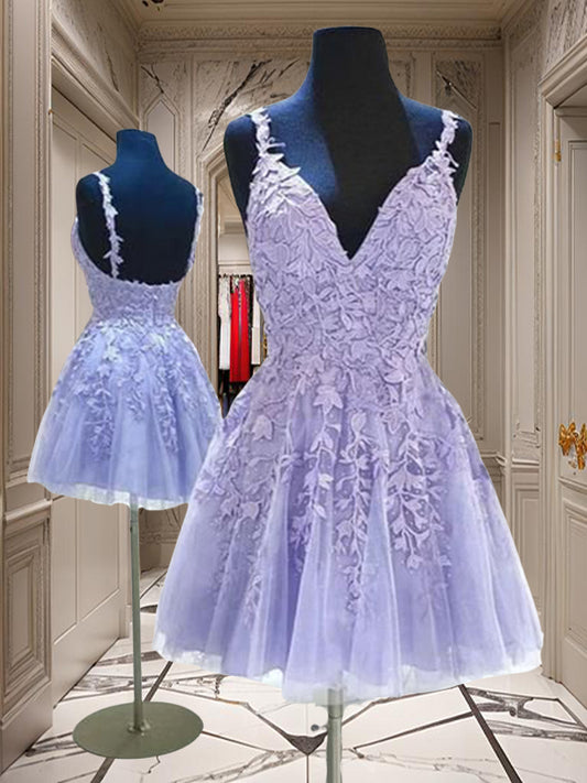 A-Linie/Princess-Linie Tüll Applikationen V-Ausschnitt Ärmellos Kurz/Mini Homecoming Kleider Ball Cocktailkleid