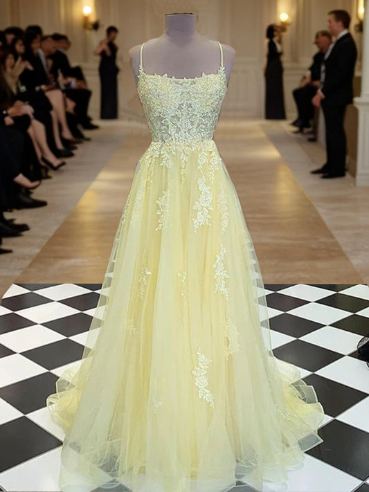 A-Linie/Princess-Linie Tüll Applikationen Spaghettiträger Ärmellos Sweep/Pinsel zug Kleider Ballkleid