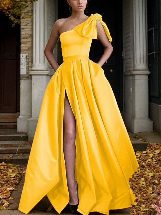 A-Line/Princess Satin One-Shoulder Ruffles Sleeveless Sweep/Brush Train Dresses Prom Evening Dress