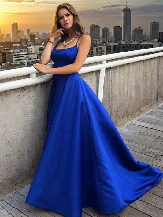A-Line/Princess Satin Ruffles Spaghetti Straps Sleeveless Sweep/Brush Train Dresses Prom Evening Dress