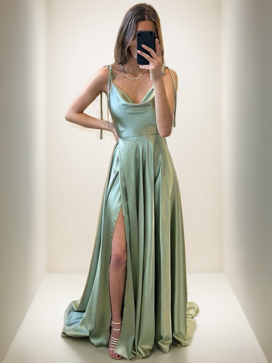 A-Line/Princess Silk like Satin Ruffles Spaghetti Straps Sleeveless Sweep/Brush Train Dresses Prom Dress