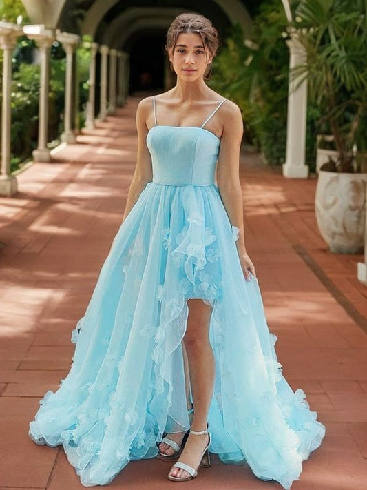 A-Line/Princess Organza Hand-Made Flower Spaghetti Straps Sleeveless Sweep/Brush Train Dresses Prom Dress Ball Gowns