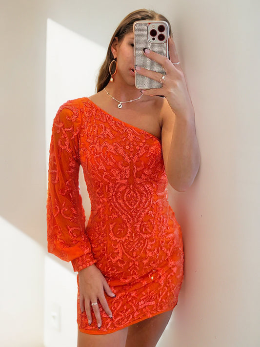 Sheath/Column One-Shoulder Long Sleeves Short/Mini Dresses Prom Cocktail Dress