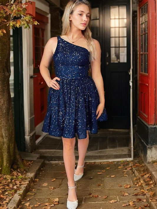 A-Line/Princess Sequins Ruffles One-Shoulder Sleeveless Short/Mini Cocktail Dresses Prom Homecoming Dress