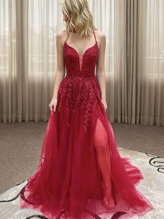 A-Linie/Princess-Linie Tüll Applikationen V-Ausschnitt Ärmellos Sweep/Pinsel zug Kleider Abiballkleid Ballkleid