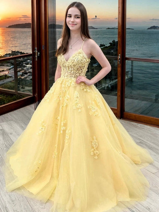 Ballkleid Tüll Applikationen V-Ausschnitt Ärmellos Sweep/Pinsel Zug Abendkleider Ballkleid