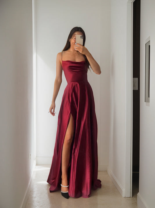 A-Line/Princess Silk like Satin Ruffles Spaghetti Straps Sleeveless Floor-Length Dresses Prom Evening Dress