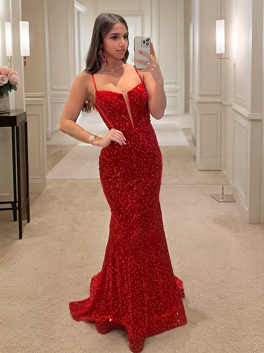 Sheath/Column Sequins Spaghetti Straps Sleeveless Sweep/Brush Train Dresses Prom Evening Dress