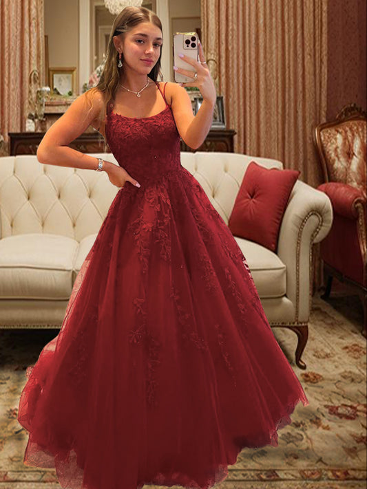 Ball Gown Tulle Applique Spaghetti Straps Sleeveless Sweep/Brush Train Dresses Prom Dress Ball Gowns