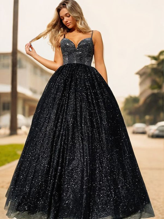 A-Line/Princess V-neck Sleeveless Floor-Length Evening Dresses Prom Dress Ball Gowns
