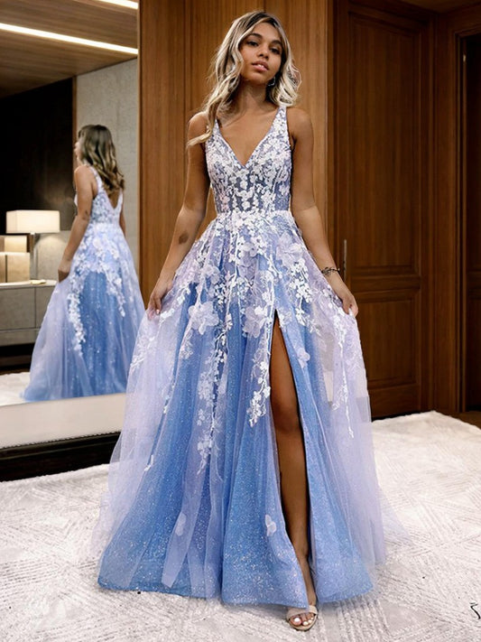 A-Line/Princess Tulle Applique V-neck Sleeveless Sweep/Brush Train Evening Dresses Prom Dress