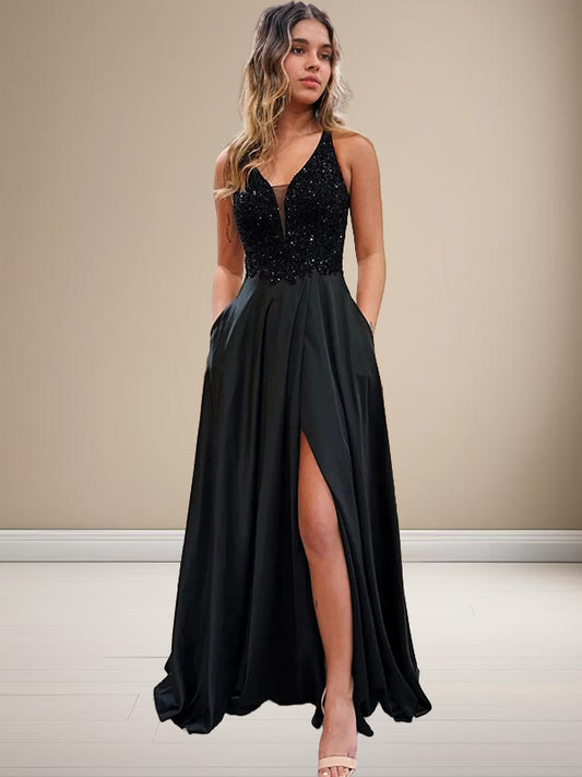 A-Line/Princess Silk like Satin Beading V-neck Sleeveless Sweep/Brush Train Dresses Prom Evening Dress