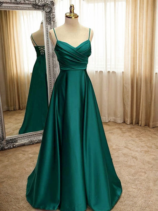 A-Line/Princess Silk like Satin Ruffles V-neck Sleeveless Sweep/Brush Train Dresses Prom Evening Dress