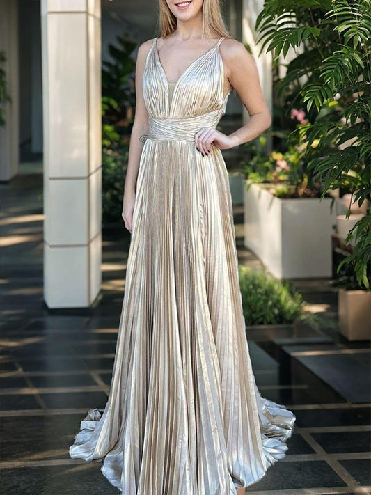 A-Line/Princess Silk like Satin Ruched V-neck Sleeveless Sweep/Brush Train Dresses Evening Prom Dress
