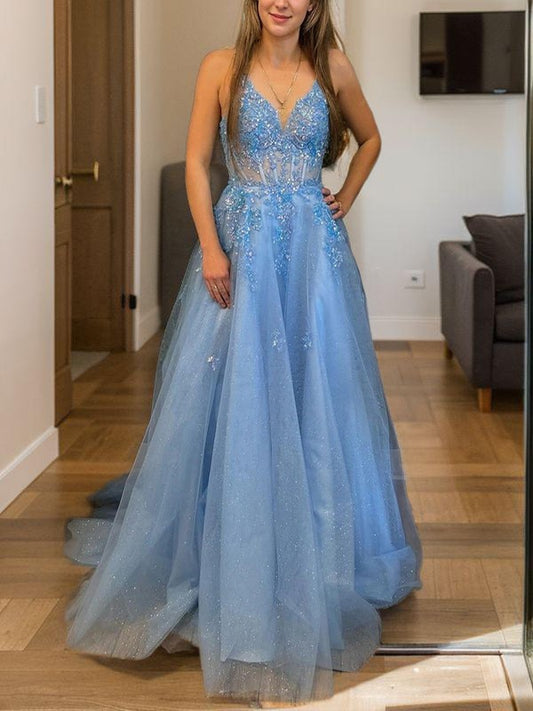 A-Line/Princess Applique V-neck Sleeveless Sweep/Brush Train Corset Evening Dresses Prom Dress