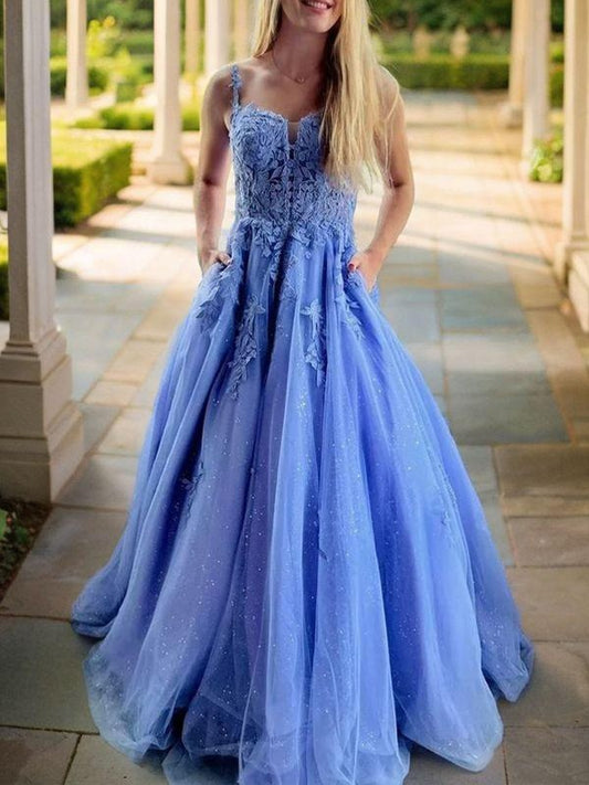 A-Line/Princess Applique Spaghetti Straps Sleeveless Floor-Length Dresses Prom Dress