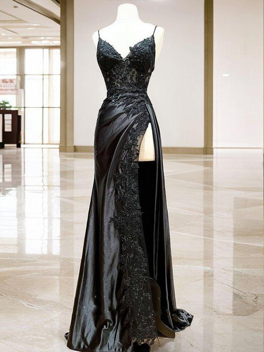 Sheath/Column Silk like Satin Applique V-neck Sleeveless Sweep/Brush Train Dresses Prom Evening Dress