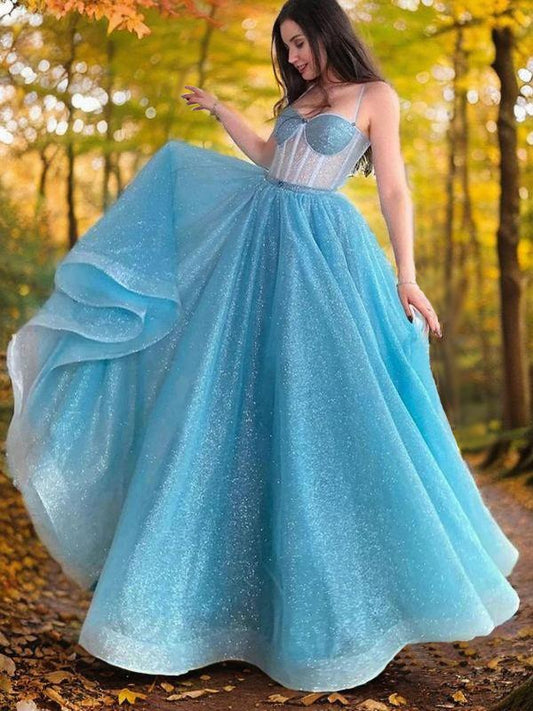 A-Line/Princess Spaghetti Straps Sleeveless Sweep/Brush Train Corset Evening Dresses Prom Dress