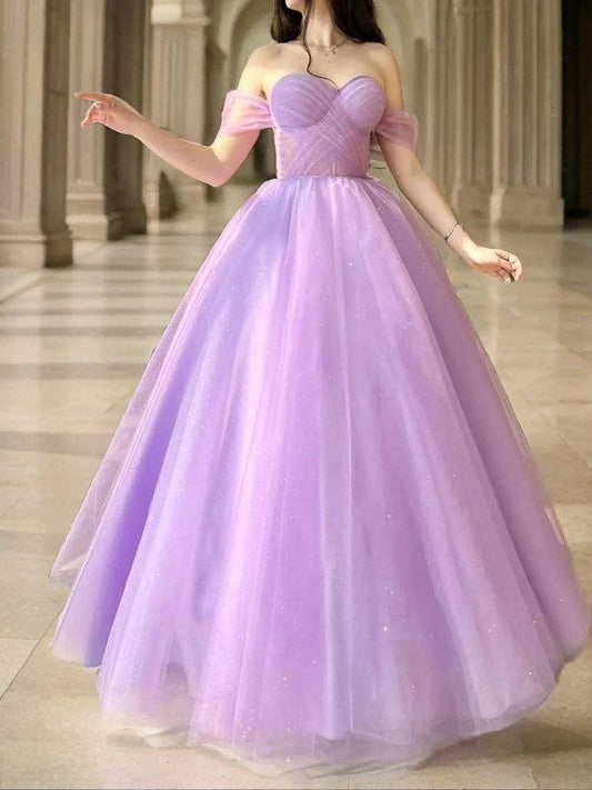 Ball Gown Tulle Ruched Off-the-Shoulder Sleeveless Floor-Length Evening Dresses Prom Dress