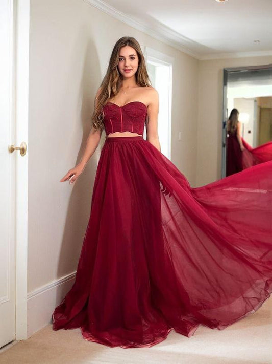A-Line/Princess Tulle Applique Sweetheart Sleeveless Floor-Length Corset Evening Dresses Two Piece Prom Dress