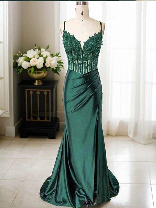 Vestido de noche de graduación con escote tubo/columna, satén tipo seda, apliques, tirantes finos, sin mangas, cola larga/cortada, corsé