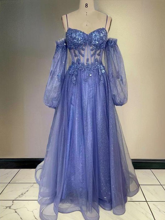 Vestido de noche de corte A/princesa con apliques de tul, tirantes finos, mangas largas, cola de corte, corsé