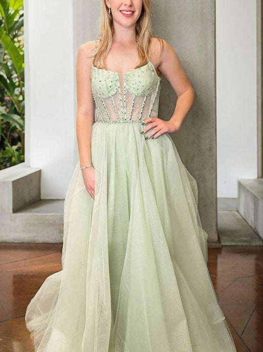 A-Line/Princess Tulle Beading Spaghetti Straps Sleeveless Sweep/Brush Train Corset Evening Dresses Prom Dress
