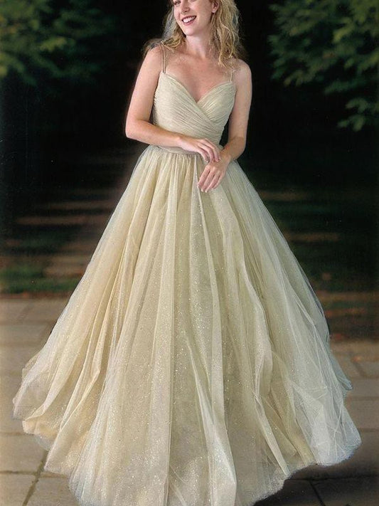 A-Line/Princess Tulle Ruched V-neck Sleeveless Floor-Length Evening Dresses Prom Dress