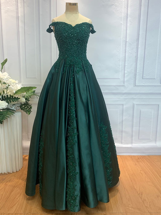 Ball Gown Off-the-Shoulder Sleeveless Floor-Length Lace Satin Dresses Prom Evening Quinceanera Dress