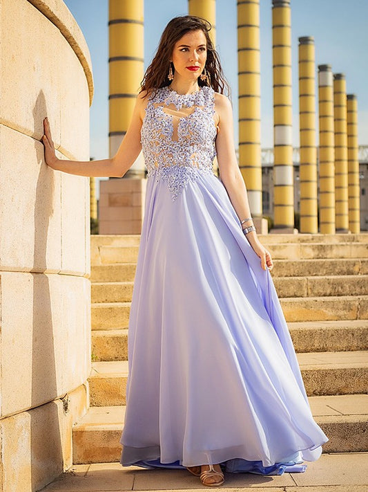 Vestido de noche de graduación con corte A/princesa, sin mangas, apliques de gasa, escote redondo y cola larga