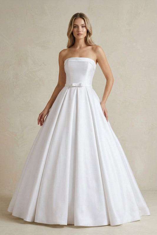 Gown Corset Strapless Floor Length Wedding Dress with Delicate Bow Belt