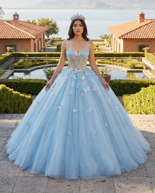Quinceanera Dresses Spaghetti Straps Beading with 3D Butterfly Appliques