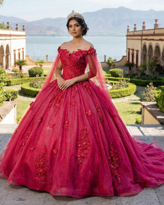 Red Long Sleeves 3D Flowers Quinceanera Dresses Appliqued