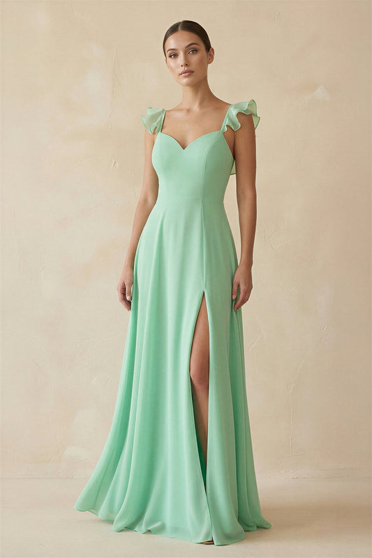 Ruffled Chiffon A-Line Long Bridesmaid Dress in Pale Pistachio