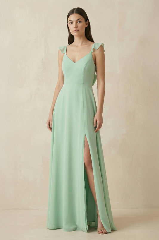 Ruffled Sleeve A-Line Chiffon Bridesmaid Dress in Pale Pistachio