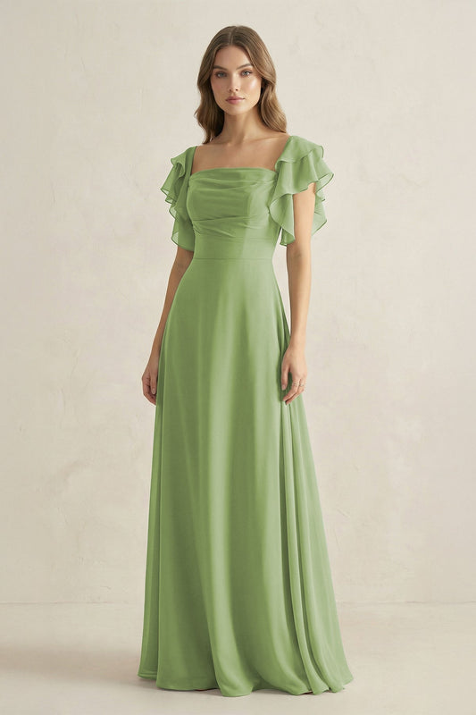 Ruffled Sleeves A-Line Chiffon Bridesmaid Dress in Matcha