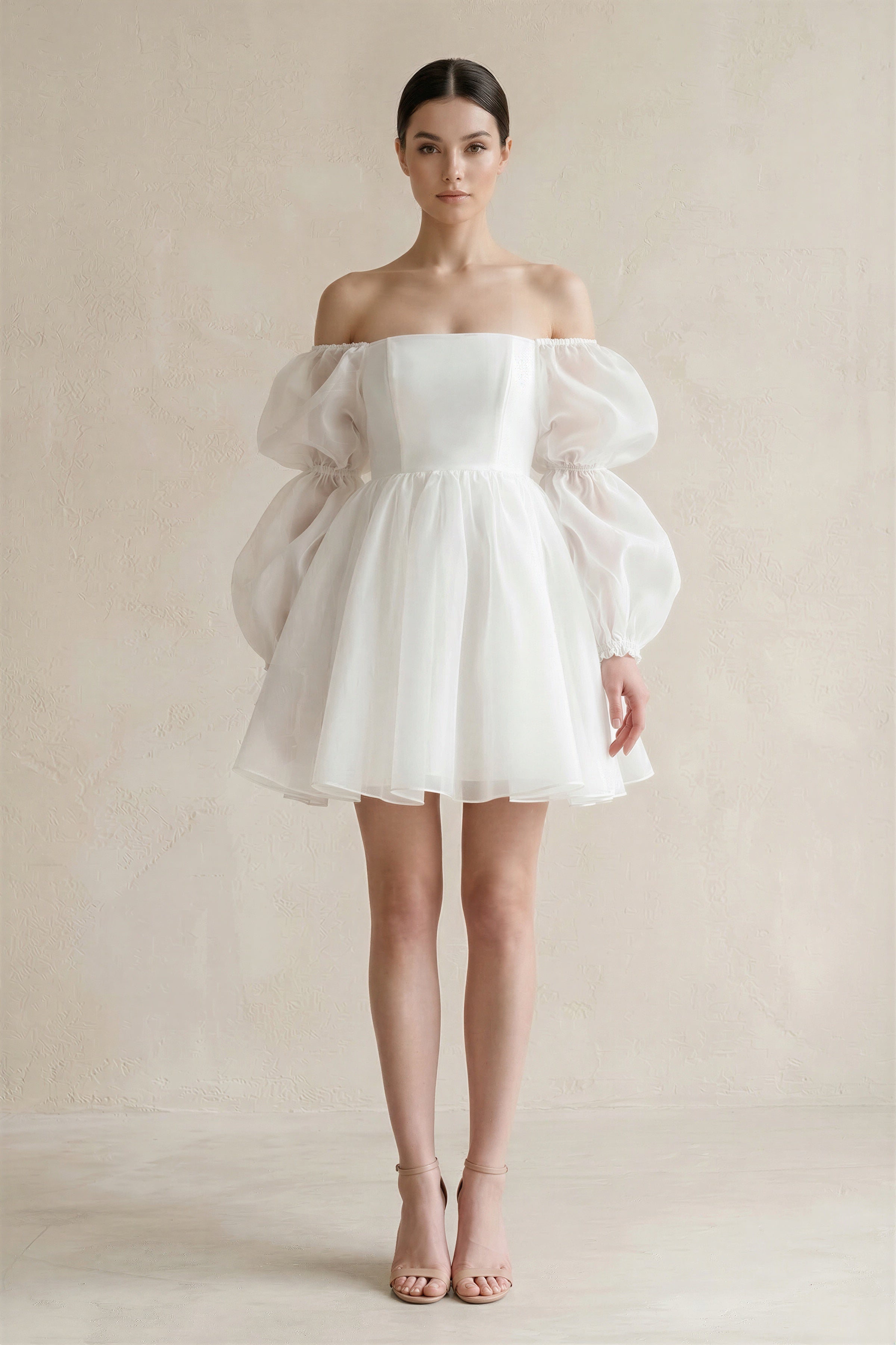 Ruffled Sleeves A-Line Tulle Mini Wedding Dress in White