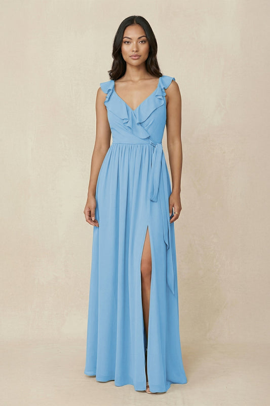 Ruffled V-Neck A-Line Chiffon Bridesmaid Dress in Steel Blue