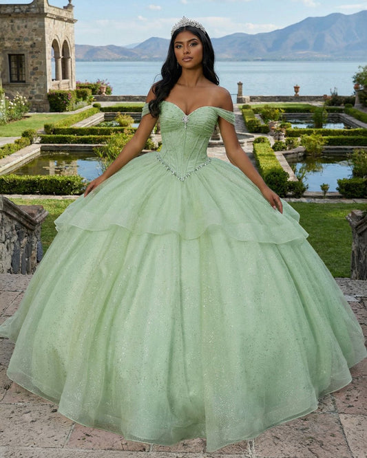 Sage Green Off The Shoulder Tulle Beaded Quinceanera Dress With Bow