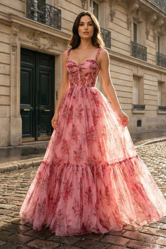 Pink Spaghetti Straps A Line Floral Printed Chiffon Long Prom Dress With Bow