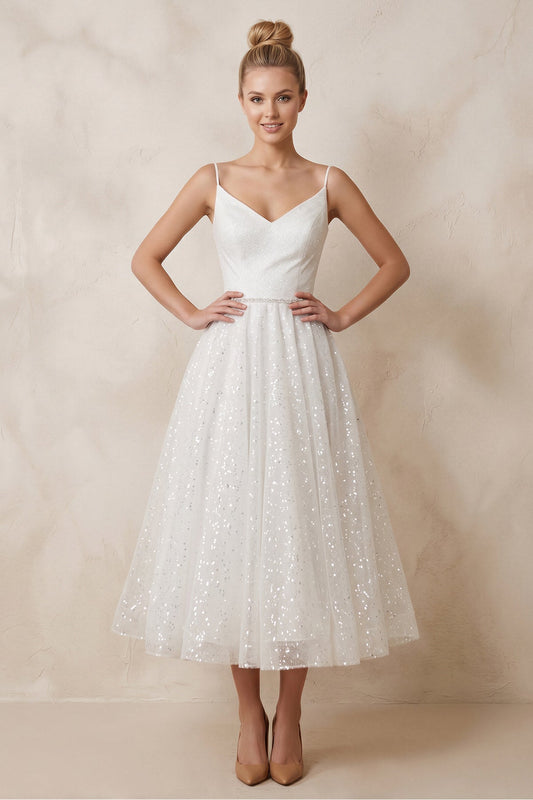 Shiny A-Line V-Neck Sleeveless Little White Sequined Wedding Dresses